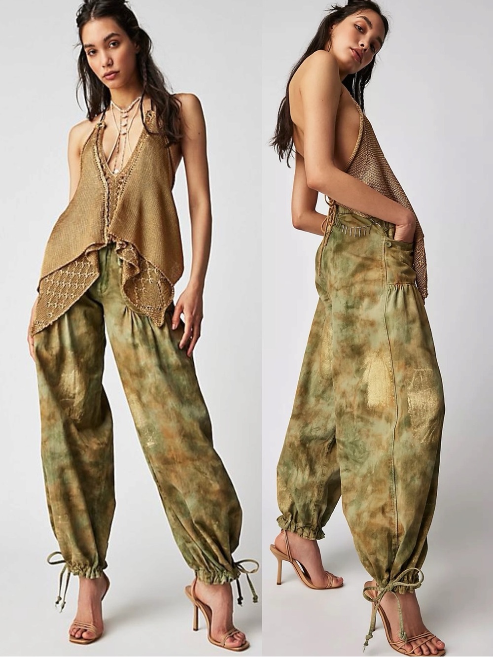 Free People Retro 70s Bohemian Wide Leg Lotus Tie-Dye Jeans Army Neutral Size 30